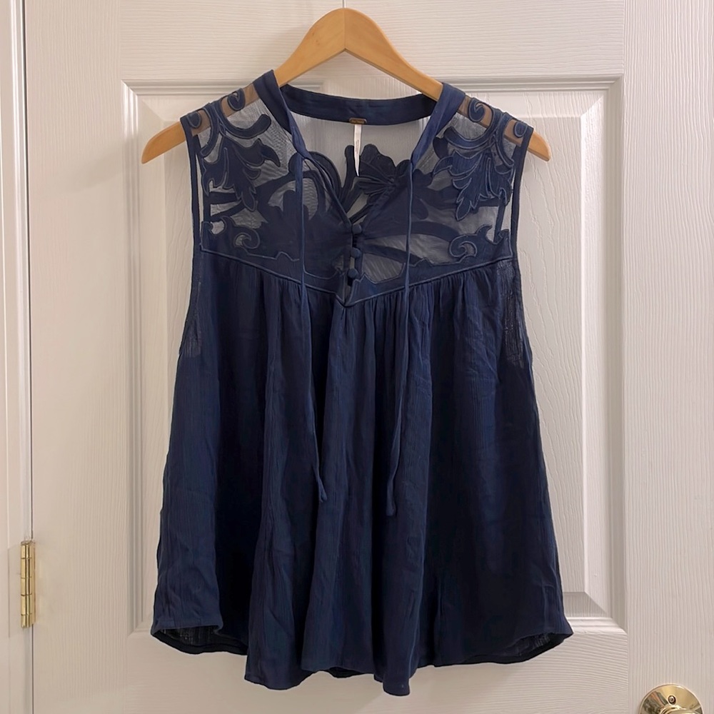 Free People Anthropologie sleeveless blue shirt lace and sheer cut out floral